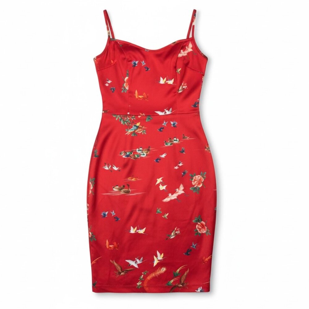 Wheels & Dollbaby Red Satin Bird & Floral Print Bodycon Slip Dress AU 12 US 8 - Picture 5 of 13